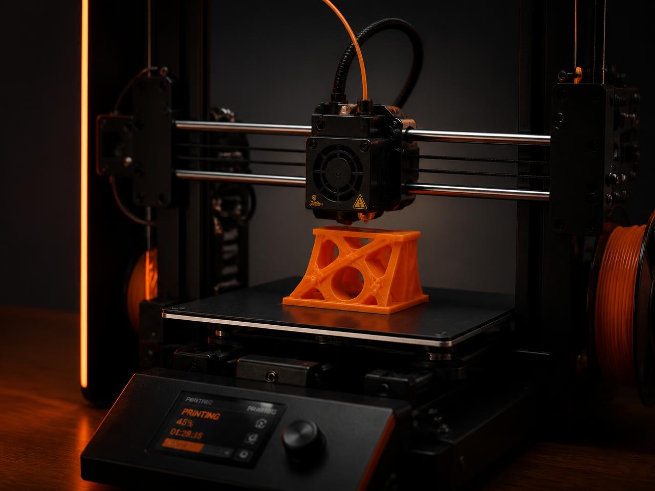 A 3D printer creating an orange part in the Z-Dimension Labs studio